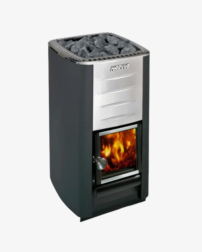 Harvia M3 wood-burning heater with internal firebox and uninsulated chimney through the wall.