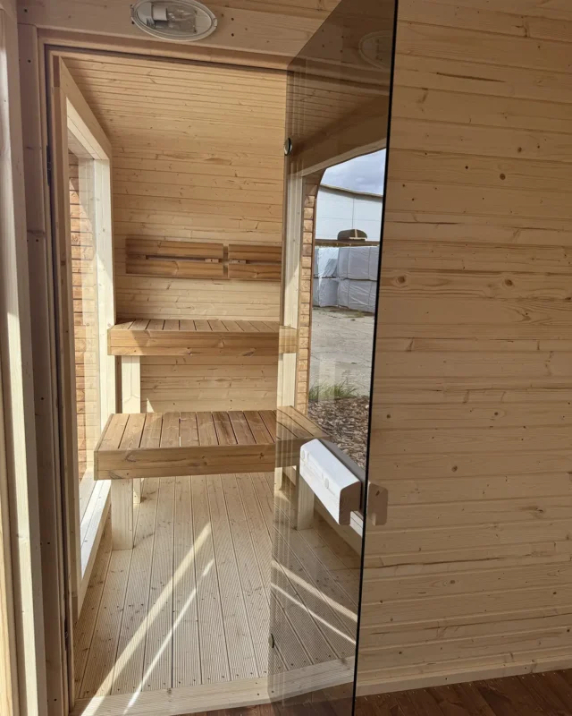 View into the sauna room from the changing area