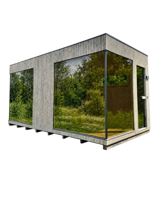 TAVO Panoramic Sauna Comfort M with Dual L-Glass – modern outdoor sauna with dual corner L-Glass windows