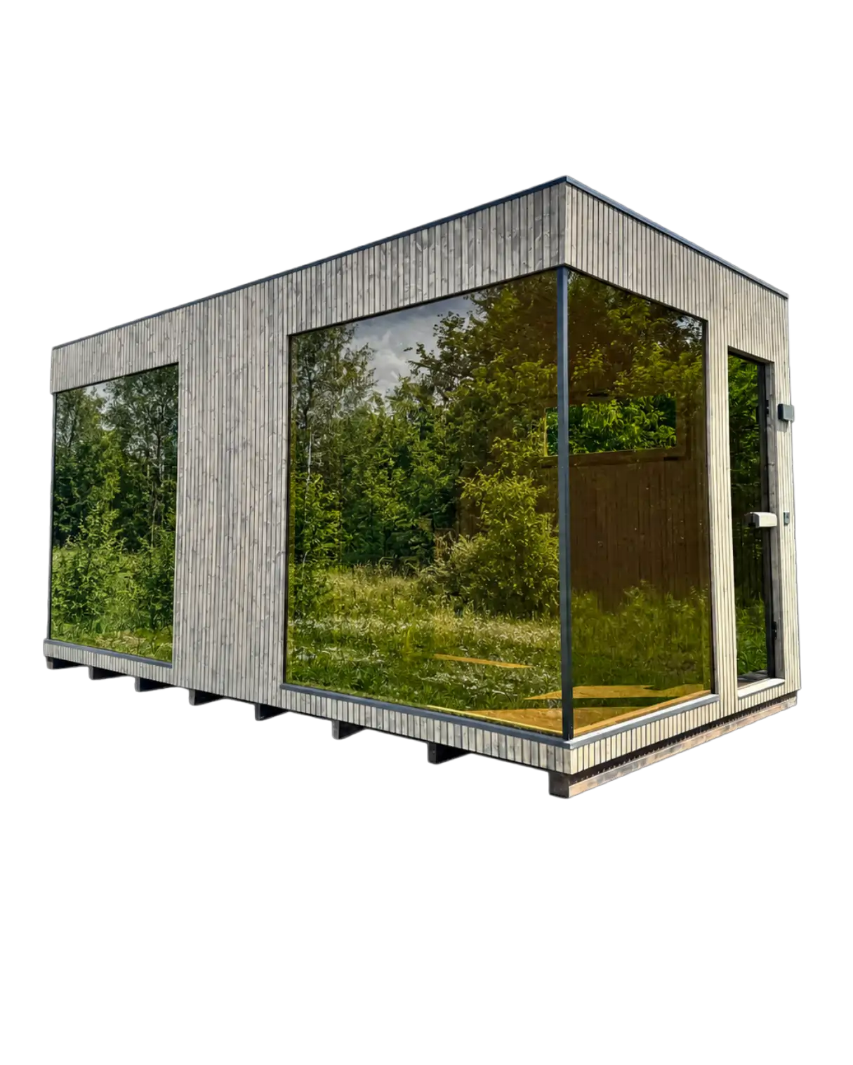 TAVO Panoramic Sauna Comfort M with Dual L-Glass – modern outdoor sauna with dual corner L-Glass windows