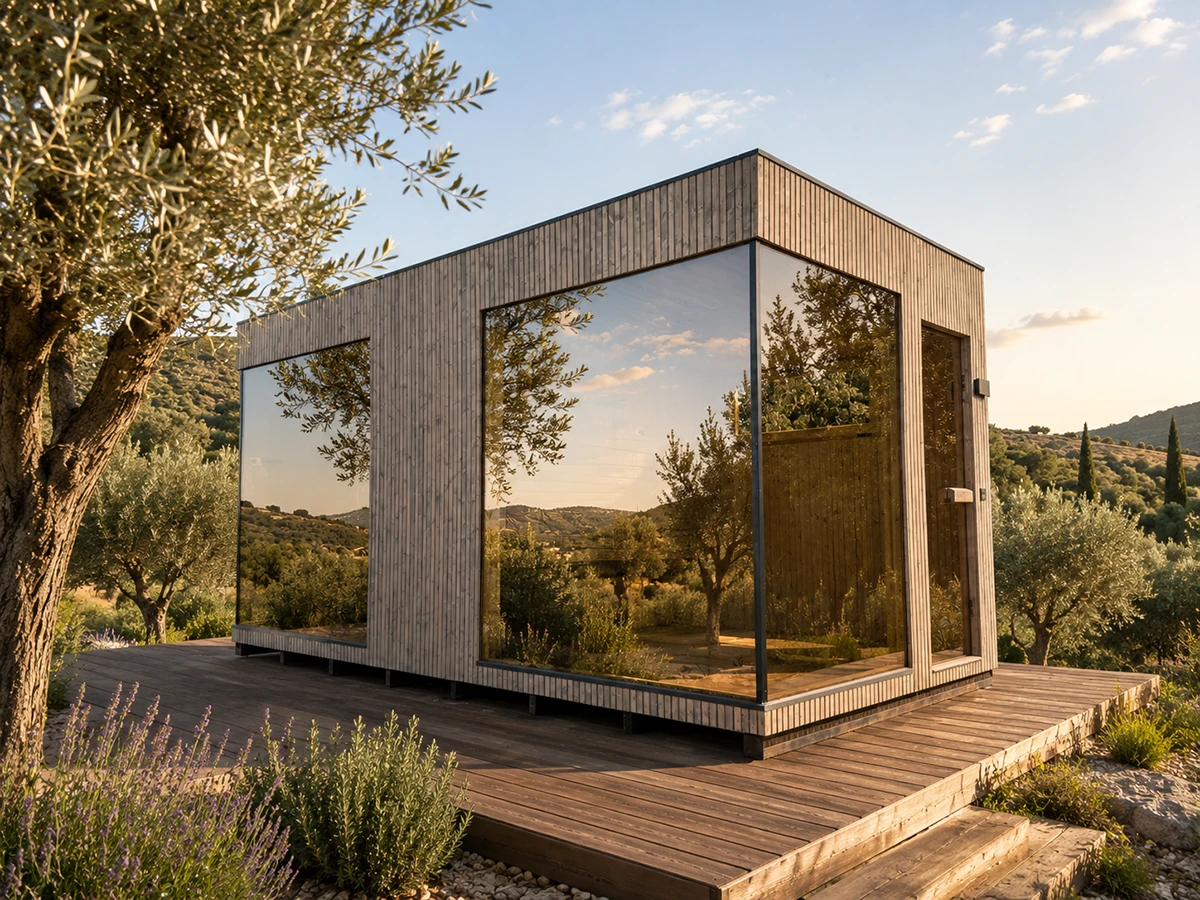 TAVO Panoramic Sauna Comfort M with Dual L-Glass – modern outdoor sauna with dual corner L-Glass windows