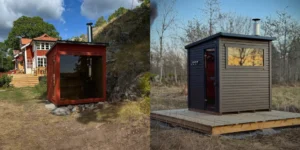 Two M Box Saunas with the same external dimensions, one featuring a horizontal privacy window and the other a large panoramic window.