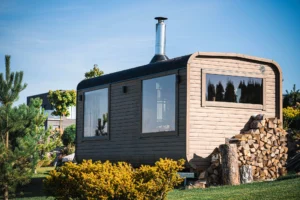 Cube outdoor sauna with large side and rear windows