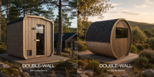 Cube and Barrel outdoor saunas with Double-wall construction and W-profile exterior cladding