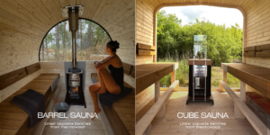Barrel and Cube sauna interiors with opposite linear benches and panoramic rear glazing