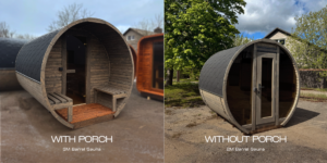 Barrel outdoor sauna configurations with and without a front porch
