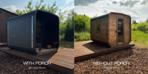 3M Cube outdoor sauna shown with a front porch and without a porch