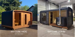 4M Cube Wide sauna with relaxation room and 5M Cube Combi sauna with covered hot tub area