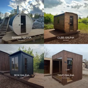  Side-by-side exterior views of compact Maudis Barrel, Cube, Box and TAVO outdoor saunas shown at a consistent scale.