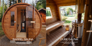 Barrel and Cube sauna interiors with wood-fired heaters and different bench layouts